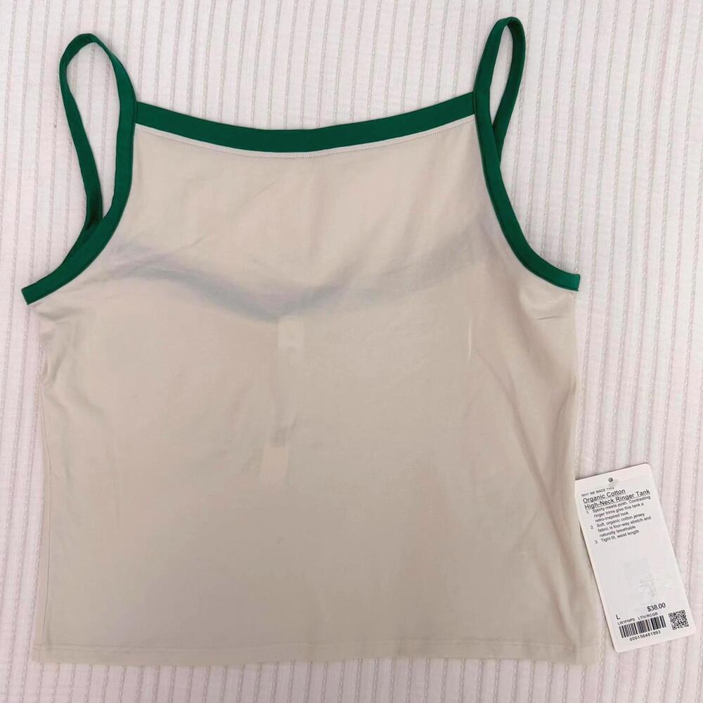 NWT Lululemon Organic Cotton High-Neck Ringer Tee Light Ivory/Raceway Green Sz L - Picture 3 of 7